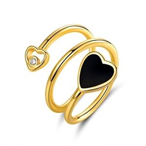 Gold Double Heart Ring with Black Enamel And White Crystal